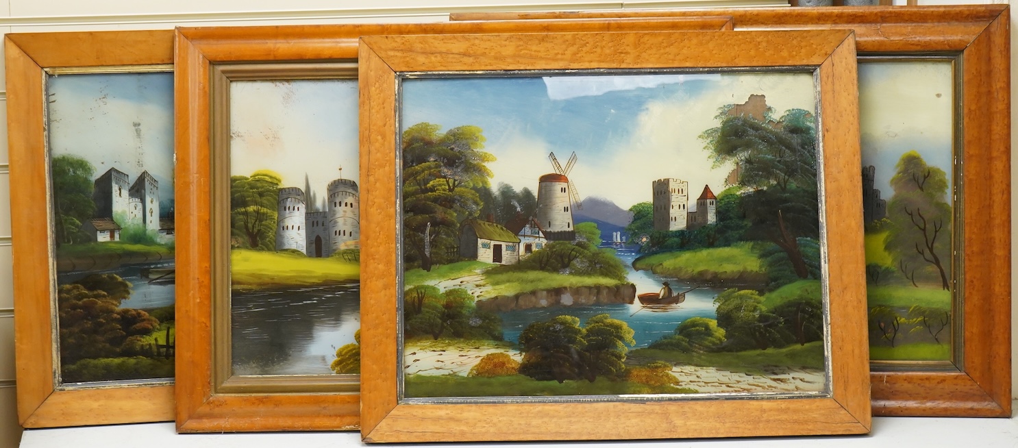 Victorian School, four reverse glass painted panels, Riverscapes, largest 39 x 60cm